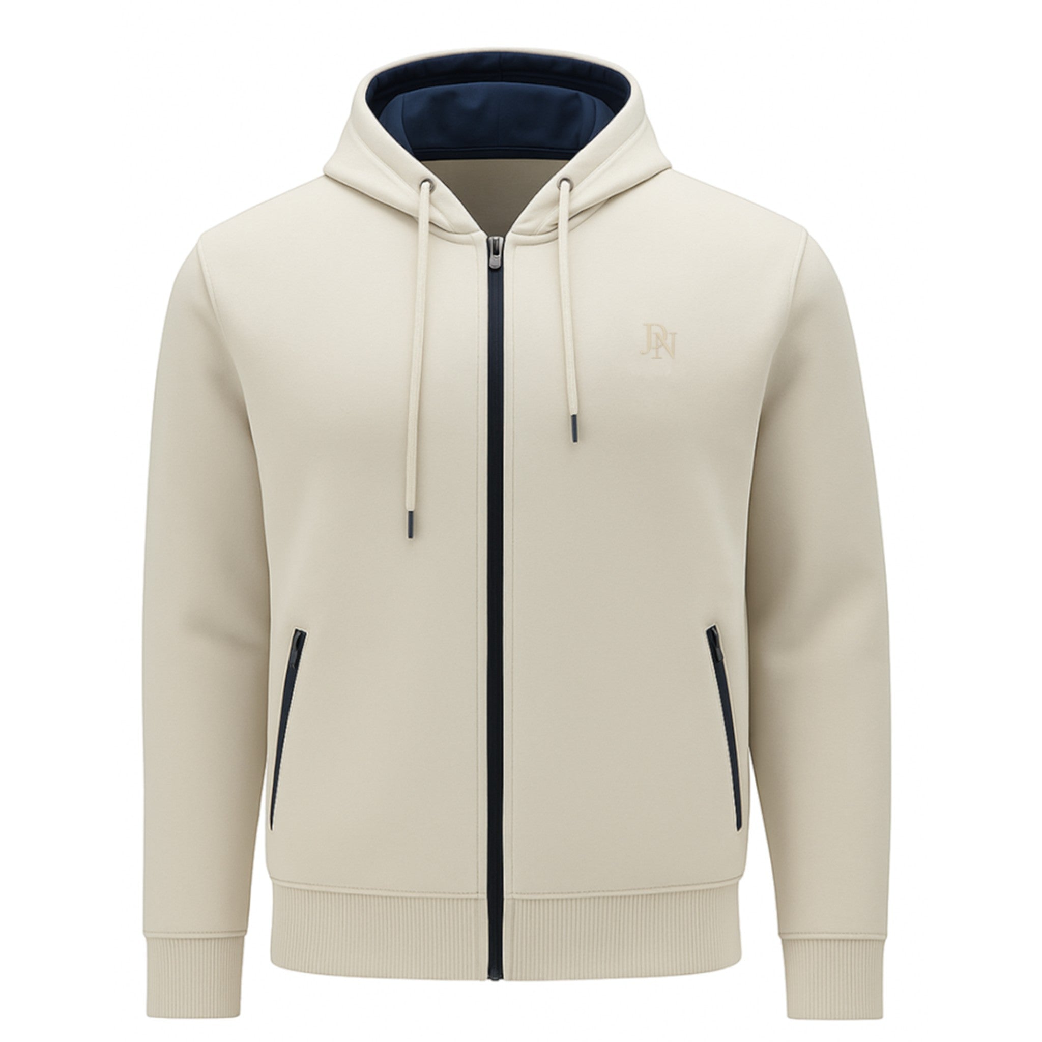 Men's JDN full zip hoodie in stone with drawstring hood and side zip pockets